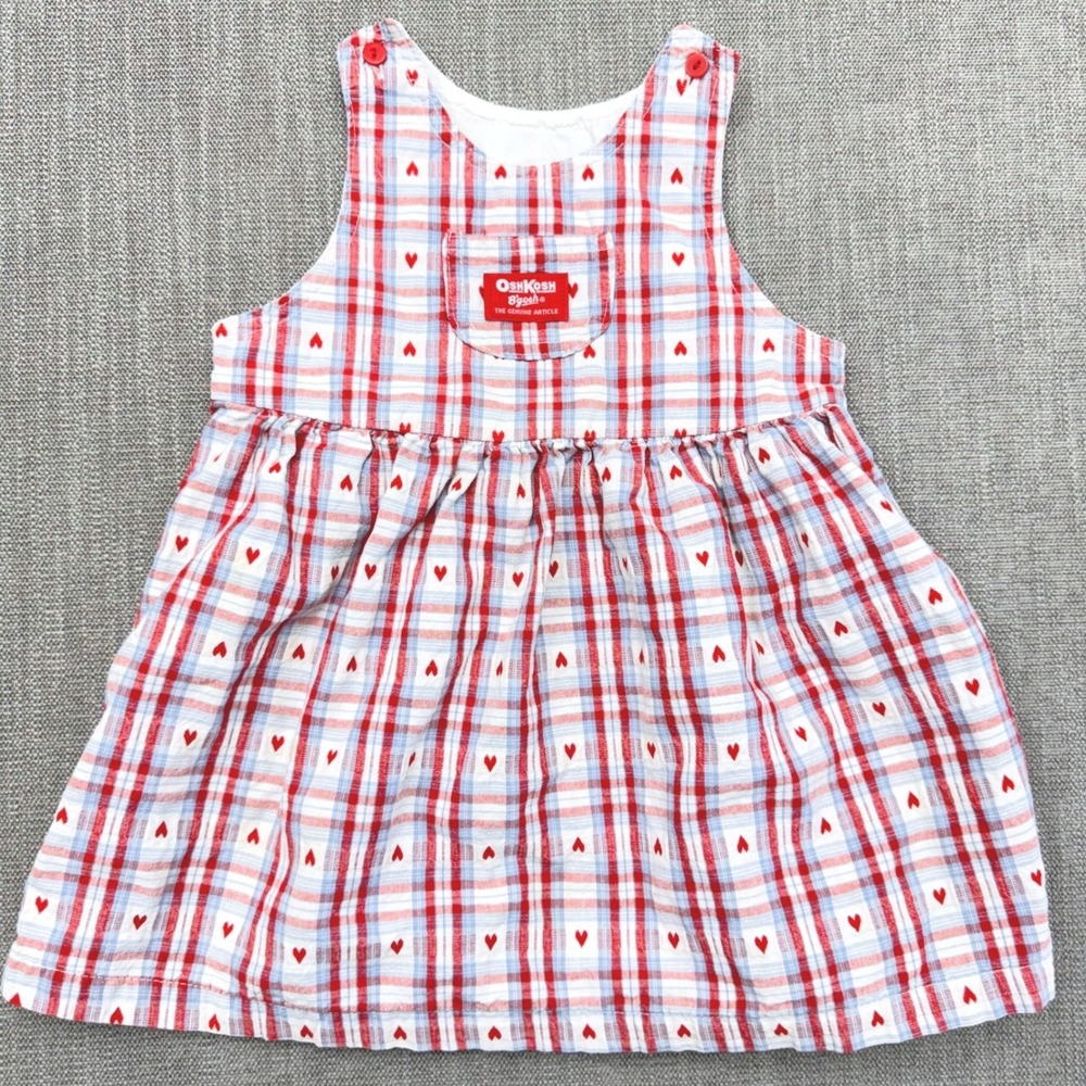 Vintage 90s OshKosh B'Gosh 4T Plaid Heart Pinafore Dress USA Made